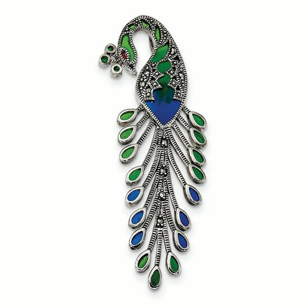 Sterling Silver Antiqued Green/Red/Blue Epoxy Marcasite Peacock Slide 